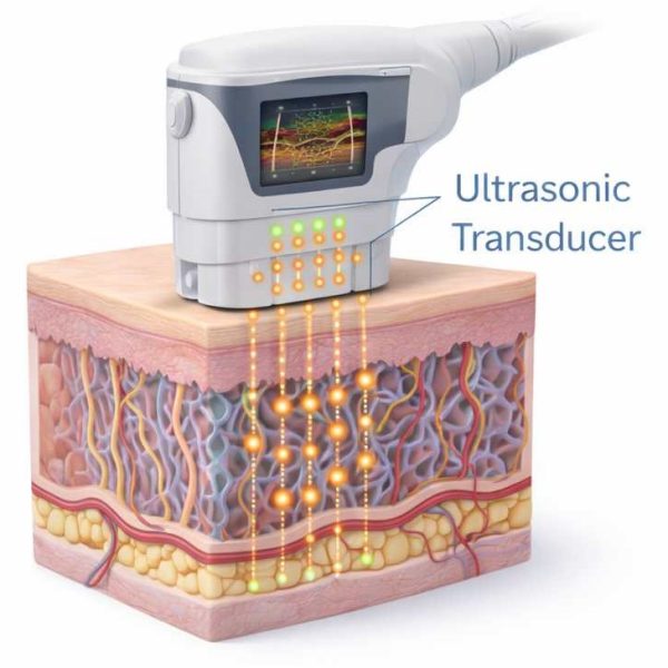Handheld ultrasound transducer placed on a cross-section of skin and tissue, with energy waves penetrating the layers to image internal structures.